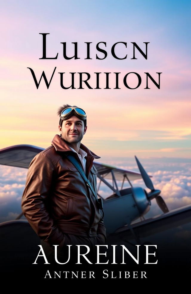 A beautifully designed book cover featuring a heroic pilot in a vintage leather flight jacket, goggles perched on his forehead, standing confidently next to a classic biplane