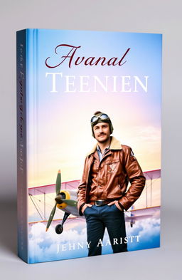A beautifully designed book cover featuring a heroic pilot in a vintage leather flight jacket, goggles perched on his forehead, standing confidently next to a classic biplane