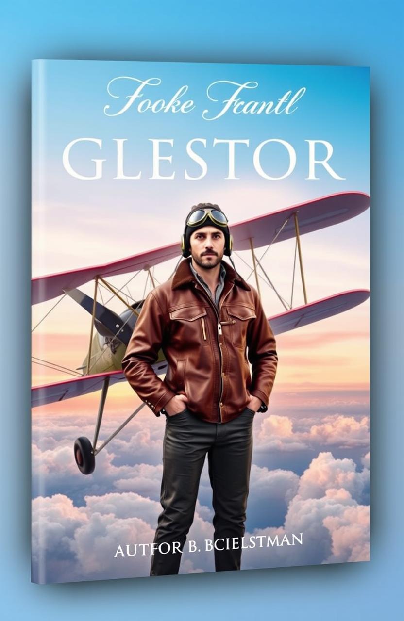 A beautifully designed book cover featuring a heroic pilot in a vintage leather flight jacket, goggles perched on his forehead, standing confidently next to a classic biplane