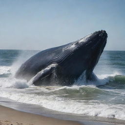Reinvent the beach chaos scene, where the whale has grown to an even more colossal size, its sheer magnitude creating an ineffable spectacle that dwarfs everything else around it as it rampages in the ocean