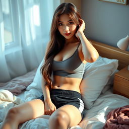 A sexy 20-year-old Asian student relaxing in her bed, wearing a fitted top and stylish gym shorts that accentuate her fit and athletic body