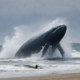 Reinvent the beach chaos scene, where the whale has grown to an even more colossal size, its sheer magnitude creating an ineffable spectacle that dwarfs everything else around it as it rampages in the ocean