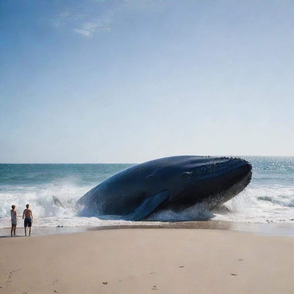 Reshape the beach scene transforming it further into a surreal spectacle, with a whale of an unimaginable size - even larger than before - causing havoc in the ocean