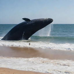 Reshape the beach scene transforming it further into a surreal spectacle, with a whale of an unimaginable size - even larger than before - causing havoc in the ocean