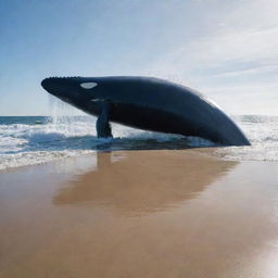 Reshape the beach scene transforming it further into a surreal spectacle, with a whale of an unimaginable size - even larger than before - causing havoc in the ocean