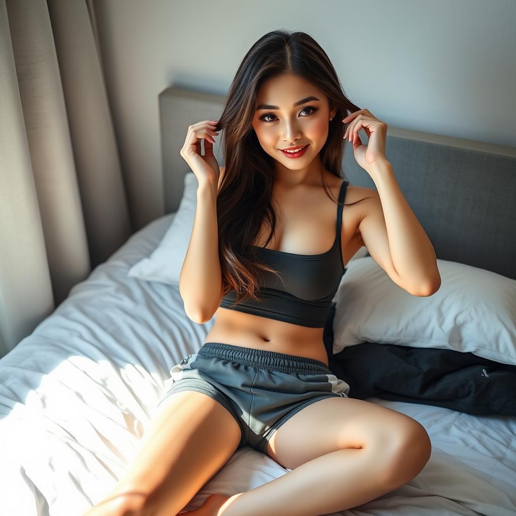 A sexy 20-year-old Asian student lounging comfortably in her bed, wearing a stylish fitted top and casual gym shorts that accentuate her fit and athletic physique