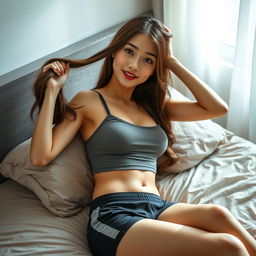 A sexy 20-year-old Asian student lounging comfortably in her bed, wearing a stylish fitted top and casual gym shorts that accentuate her fit and athletic physique
