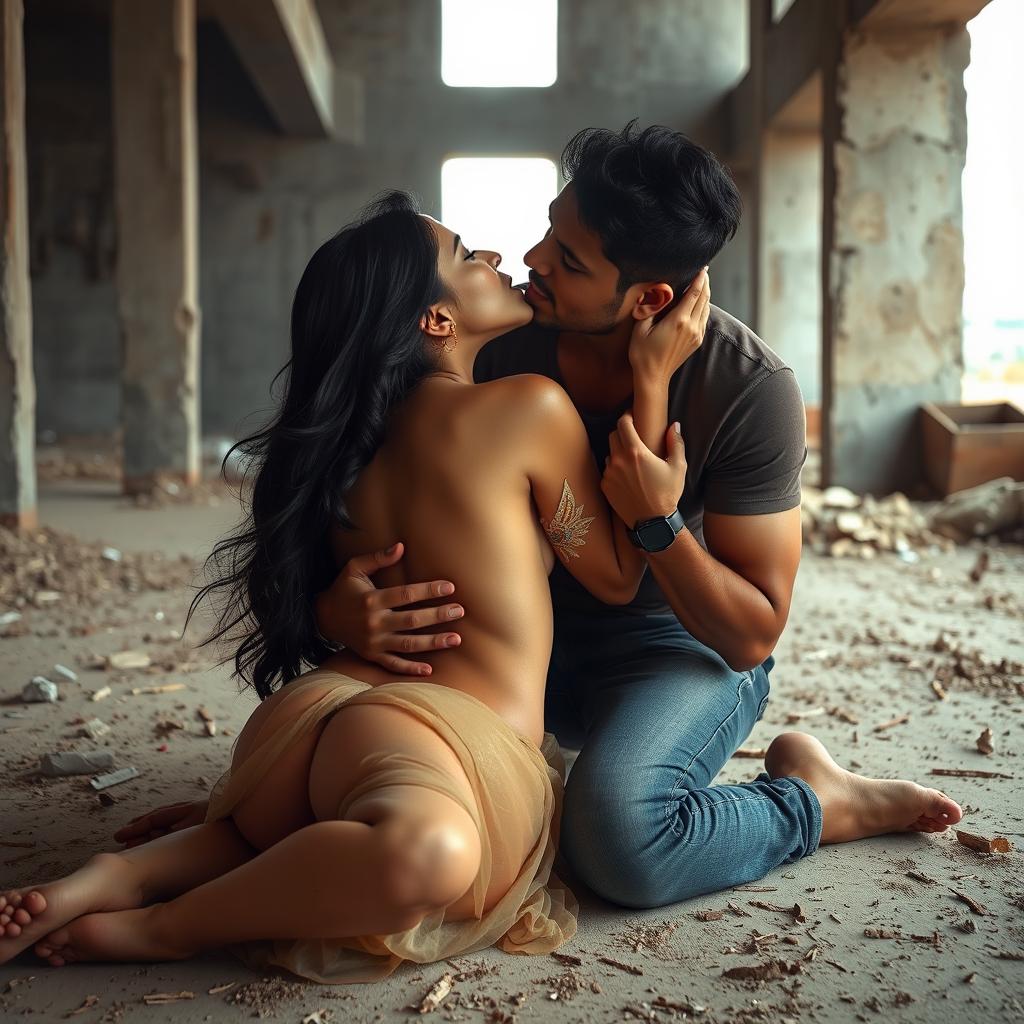 A sensual scene featuring an Indian woman resembling Nushrat Bharucha, sitting gracefully on the floor of an under construction building