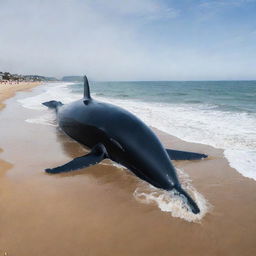 Reshape the beach scene transforming it further into a surreal spectacle, with a whale of an unimaginable size - even larger than before - causing havoc in the ocean