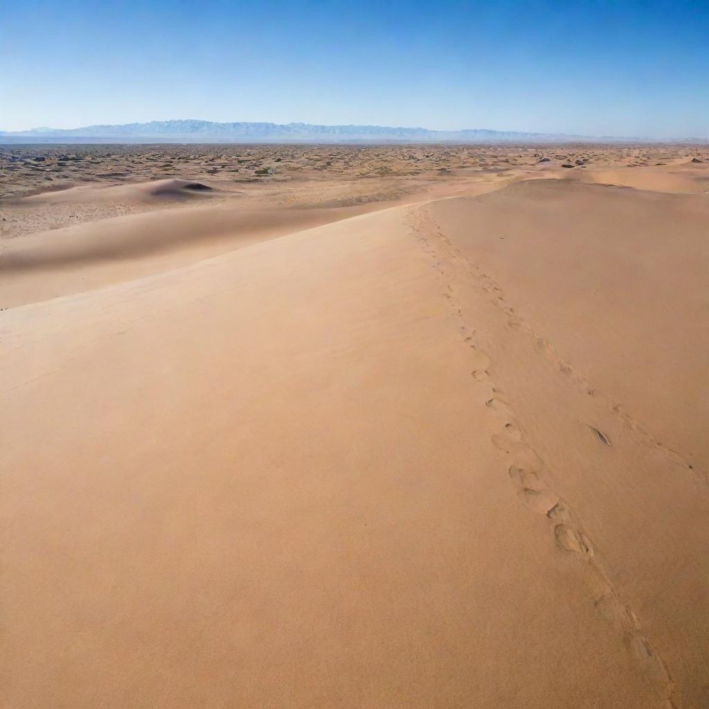 A vast, arid desert with rolling sand dunes under a clear, blue sky