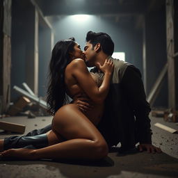 A sensual scene of Nushrat Bharucha, portrayed as a glamorous Indian woman, passionately kissing a man in a dimly lit, under-construction building