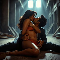 A sensual scene of Nushrat Bharucha, portrayed as a glamorous Indian woman, passionately kissing a man in a dimly lit, under-construction building