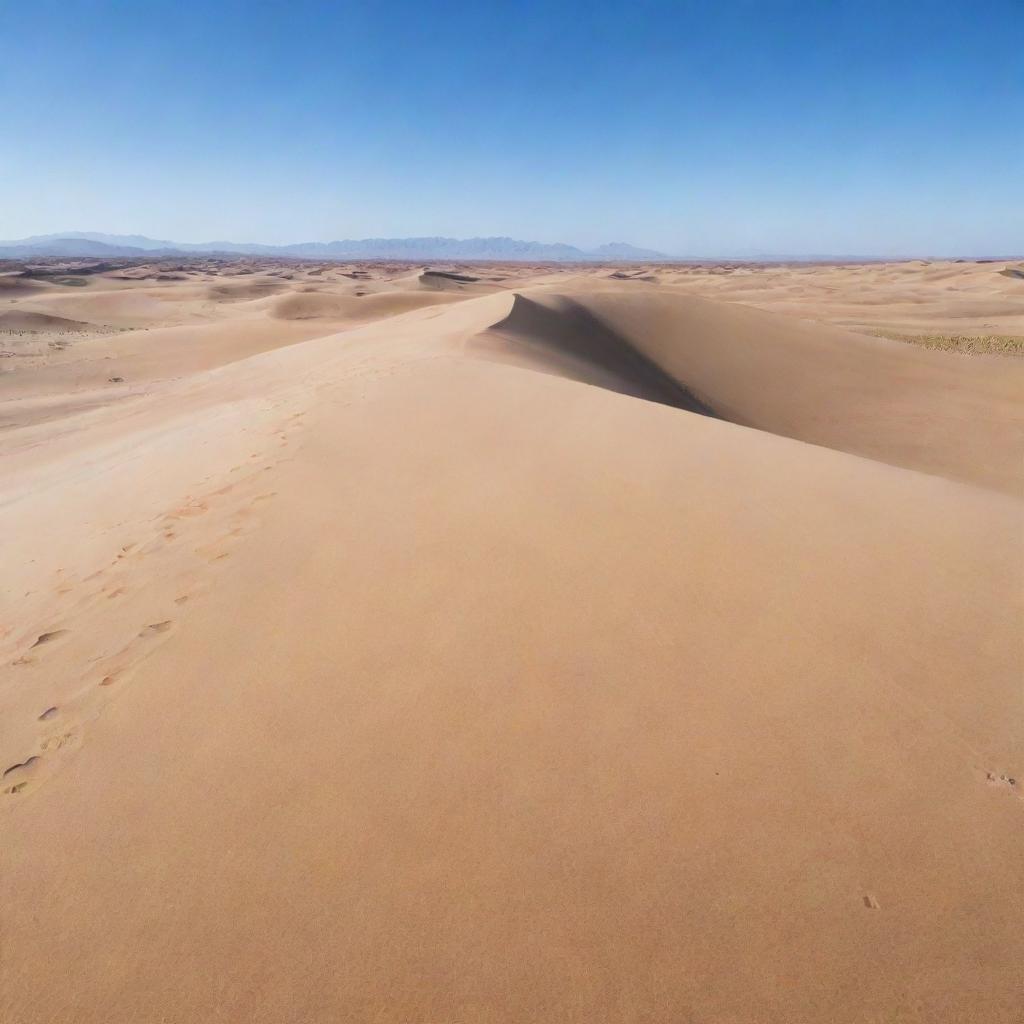 A vast, arid desert with rolling sand dunes under a clear, blue sky