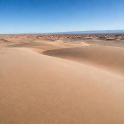 A vast, arid desert with rolling sand dunes under a clear, blue sky