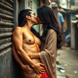 A sensual scene featuring a Pakistani woman with beautiful, expressive features, leaning against a wall in a slum environment, creating a raw and intimate atmosphere