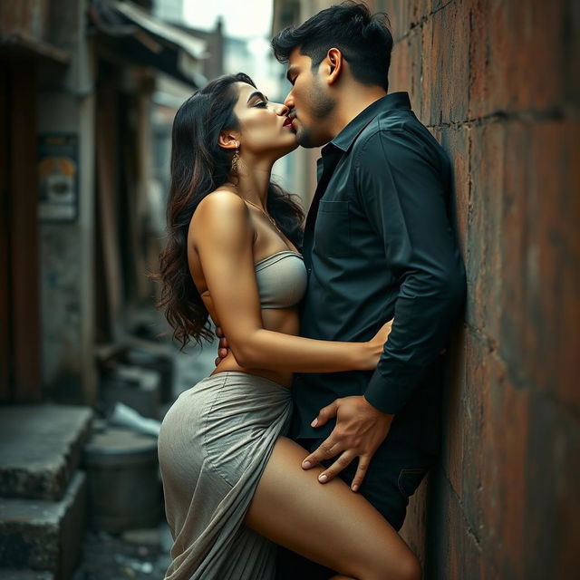 A sensual scene featuring a Pakistani woman with beautiful, expressive features, leaning against a wall in a slum environment, creating a raw and intimate atmosphere