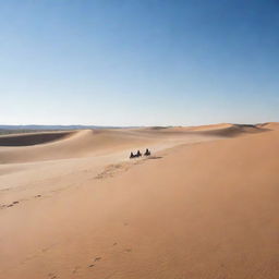 A vast, arid desert with rolling sand dunes under a clear, blue sky, now featuring three figures riding horses at speed, their silhouettes stark against the blazing sun