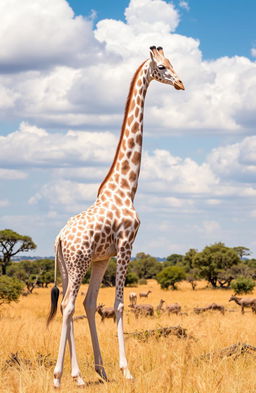 A stunning white giraffe gracefully standing in an African savanna
