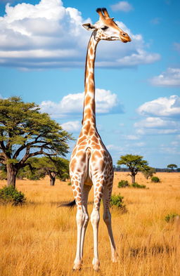 A stunning white giraffe gracefully standing in an African savanna