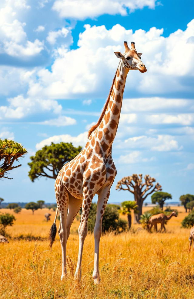 A stunning white giraffe gracefully standing in an African savanna