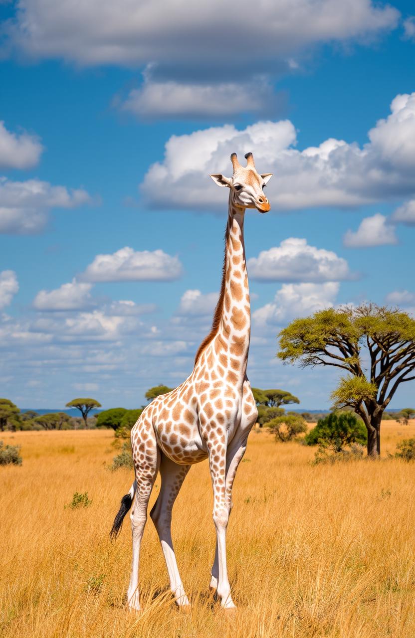 A stunning white giraffe gracefully standing in an African savanna