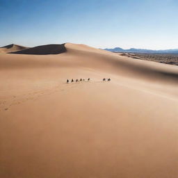 A vast, arid desert with rolling sand dunes under a clear, blue sky, now featuring three figures riding horses at speed, their silhouettes stark against the blazing sun