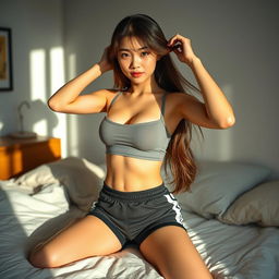 A sexy 20-year-old Asian student with a fitness body, standing at 160 centimeters tall, dressed in a stylish top, gym shorts, and long stockings, creating a casual yet alluring outfit