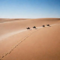 A vast, arid desert with rolling sand dunes under a clear, blue sky, now featuring three figures riding horses at speed, their silhouettes stark against the blazing sun