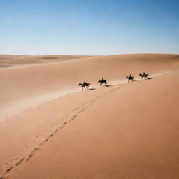 A vast, arid desert with rolling sand dunes under a clear, blue sky, now featuring three figures riding horses at speed, their silhouettes stark against the blazing sun