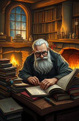 An old man with a bushy white beard, wearing round spectacles, deeply focused on writing a fantasy book