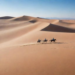 A vast, arid desert with rolling sand dunes under a clear, blue sky, now featuring three figures riding horses at speed, their silhouettes stark against the blazing sun