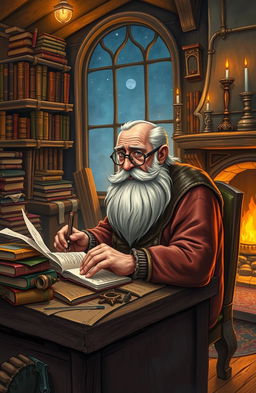 An old man with a bushy white beard, wearing round spectacles, deeply focused on writing a fantasy book