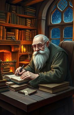 An old man with a bushy white beard, wearing round spectacles, deeply focused on writing a fantasy book