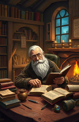 An old man with a bushy white beard, wearing round spectacles, deeply focused on writing a fantasy book