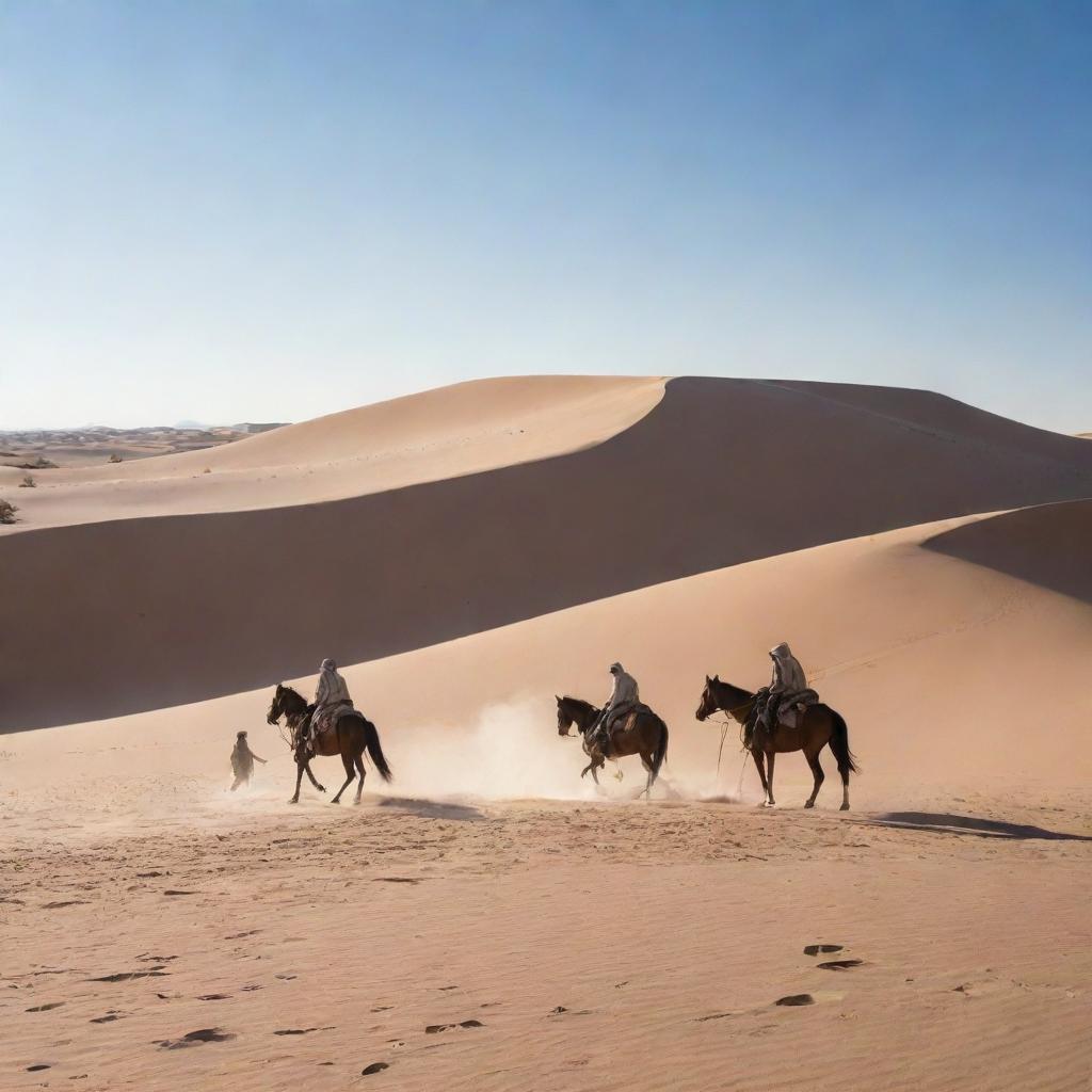 In the vast, arid desert with rolling sand dunes under a clear, blue sky, the three figures on horses have begun setting up a small, makeshift encampment, their actions kicking up dust into the sunlit air