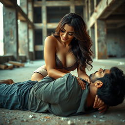 A sensual portrayal of a beautiful Indian woman, inspired by Nushrat Bharucha, in a passionate embrace with a man lying on the floor of an under-construction building