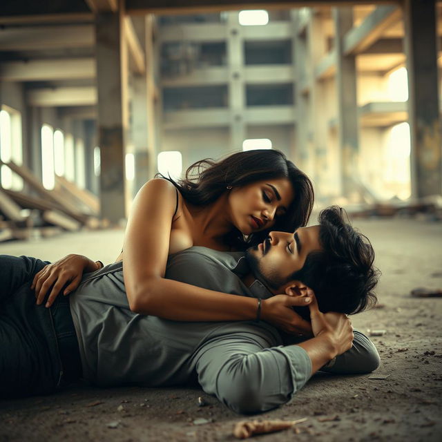 A sensual portrayal of a beautiful Indian woman, inspired by Nushrat Bharucha, in a passionate embrace with a man lying on the floor of an under-construction building