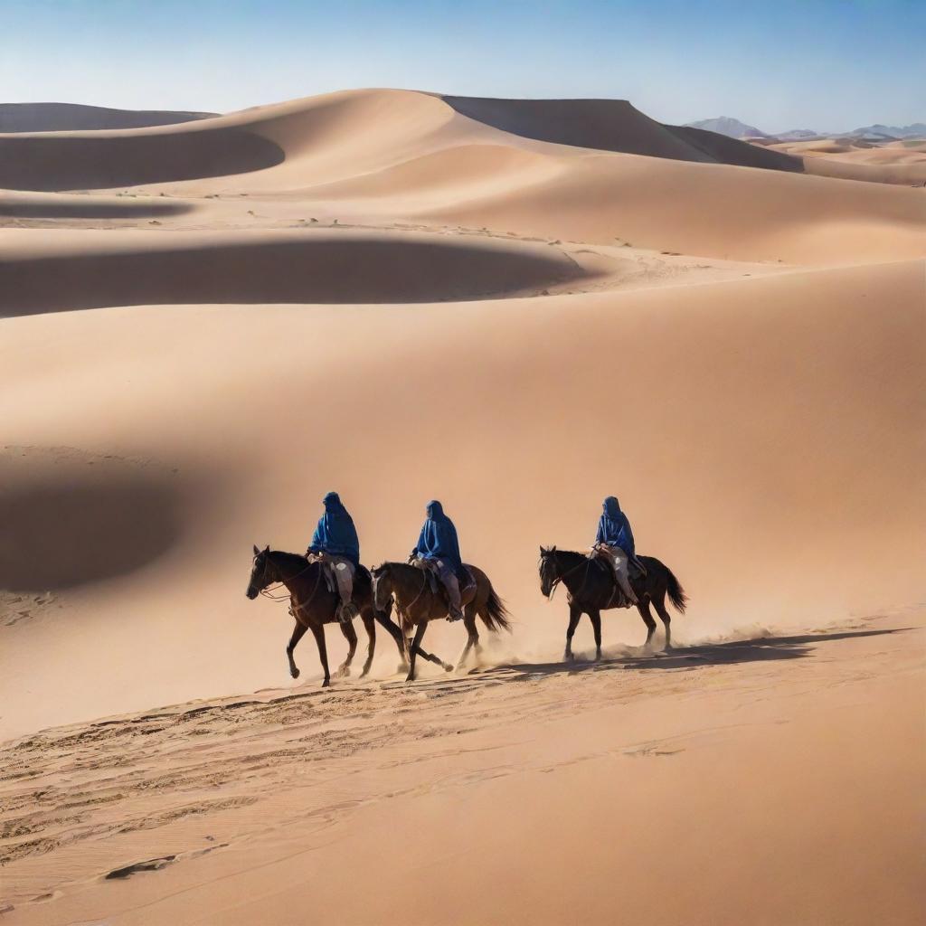 In the vast, arid desert with rolling sand dunes under a clear, blue sky, the three figures on horses have begun setting up a small, makeshift encampment, their actions kicking up dust into the sunlit air