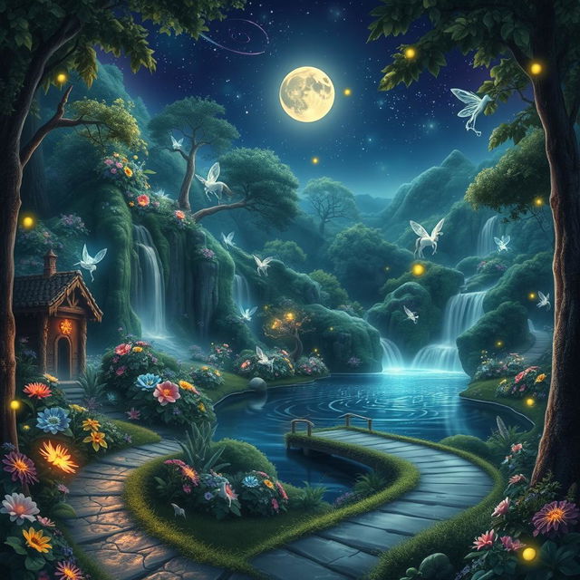 An ethereal landscape featuring a fantasy forest filled with luminous flowers and glowing plants, a cascading waterfall adorned with sparkling crystals, and a serene lake reflecting a starry night sky