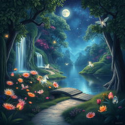 An ethereal landscape featuring a fantasy forest filled with luminous flowers and glowing plants, a cascading waterfall adorned with sparkling crystals, and a serene lake reflecting a starry night sky