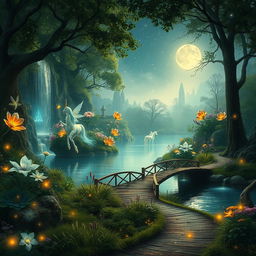 An ethereal landscape featuring a fantasy forest filled with luminous flowers and glowing plants, a cascading waterfall adorned with sparkling crystals, and a serene lake reflecting a starry night sky