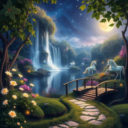 An ethereal landscape featuring a fantasy forest filled with luminous flowers and glowing plants, a cascading waterfall adorned with sparkling crystals, and a serene lake reflecting a starry night sky