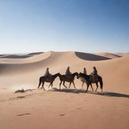 In the vast, arid desert with rolling sand dunes under a clear, blue sky, the three figures on horses have begun setting up a small, makeshift encampment, their actions kicking up dust into the sunlit air