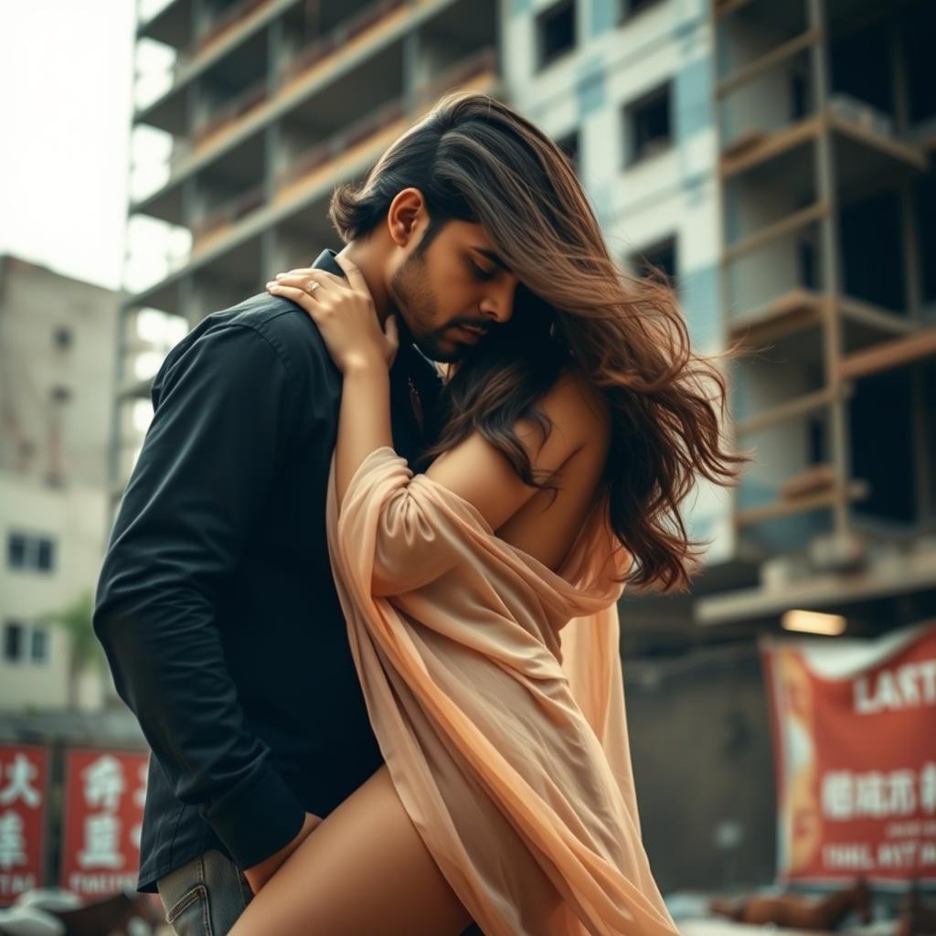 A sensual portrayal of an Indian woman inspired by Bollywood actress Shraddha Kapoor, set in an urban environment with an under construction building in the background