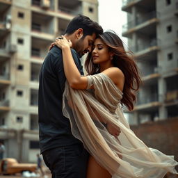A sensual portrayal of an Indian woman inspired by Bollywood actress Shraddha Kapoor, set in an urban environment with an under construction building in the background