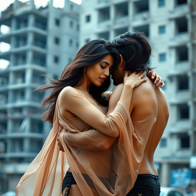 A sensual portrayal of an Indian woman inspired by Bollywood actress Shraddha Kapoor, set in an urban environment with an under construction building in the background