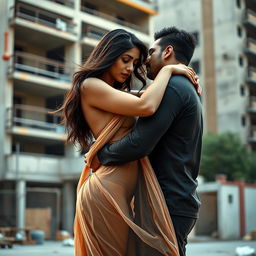 A sensual portrayal of an Indian woman inspired by Bollywood actress Shraddha Kapoor, set in an urban environment with an under construction building in the background