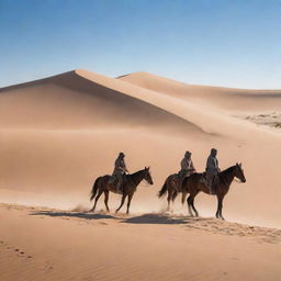 In the vast, arid desert with rolling sand dunes under a clear, blue sky, the three figures on horses have begun setting up a small, makeshift encampment, their actions kicking up dust into the sunlit air