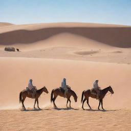 In the vast, arid desert with rolling sand dunes under a clear, blue sky, the three figures on horses have now fully established a collection of rudimentary desert dwellings in their encampment, forming a mirage-like village in the wilderness