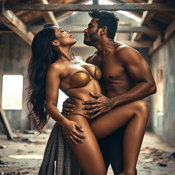 A captivating scene featuring an Indian woman with a sensual aura, reminiscent of the actress Nushrat Bharucha, elegantly posing in a dramatic moment inside an under-construction building